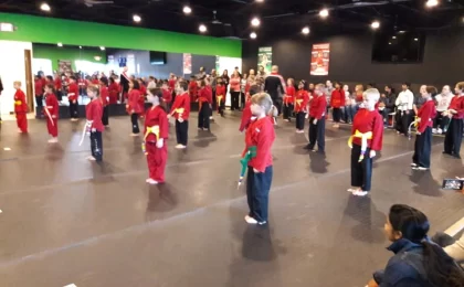 a karate class standing at attention