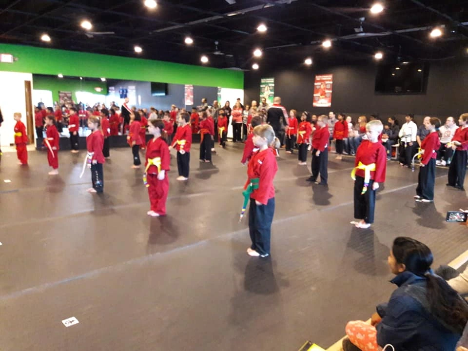 a karate class standing at attention