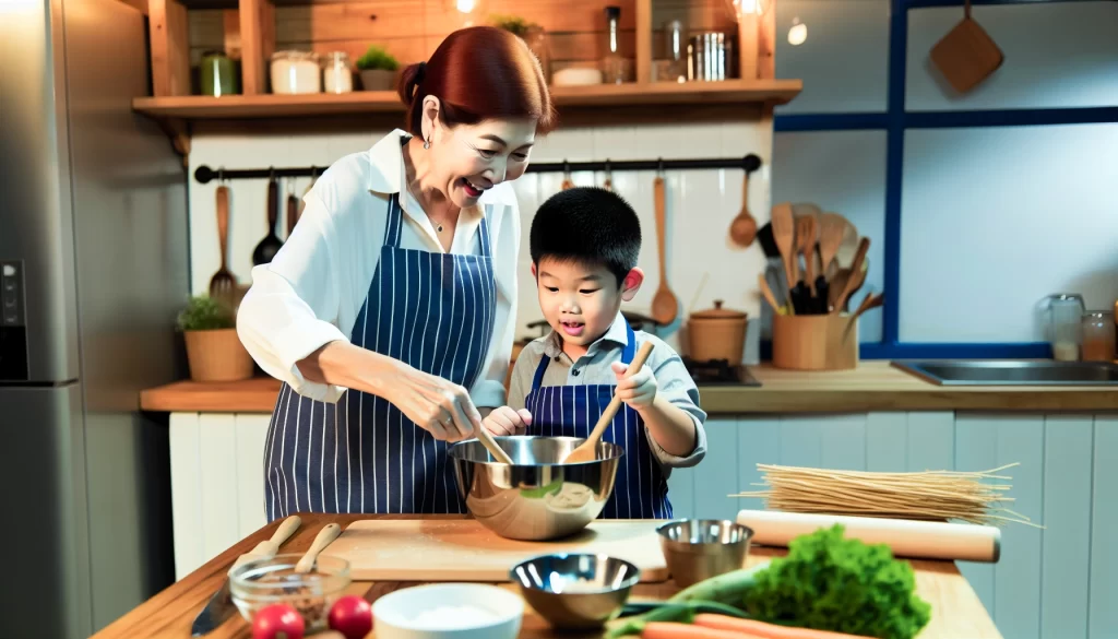 a boy cooking with his mom,