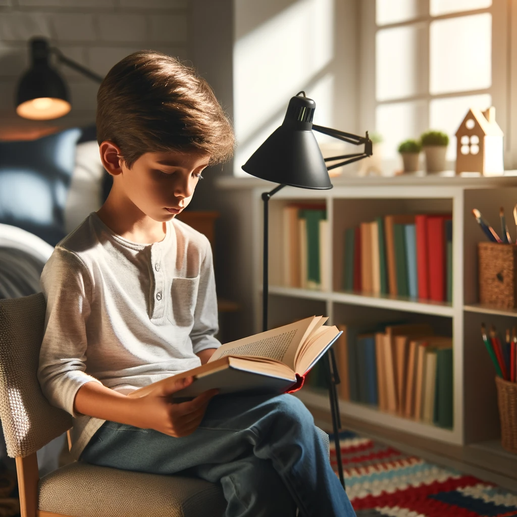 a boy showing discipline by sitting quietly and reading