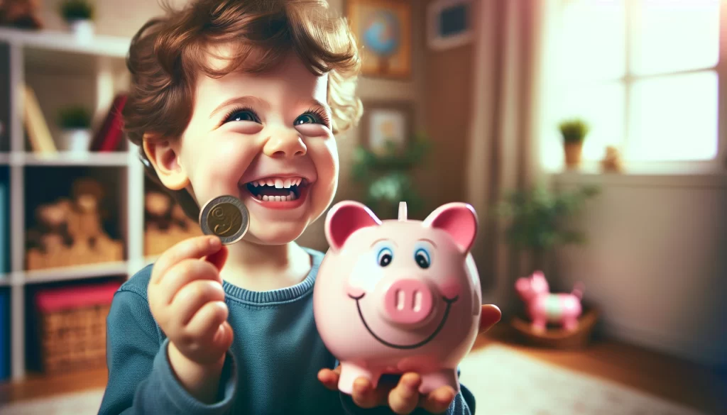young boy with a coin in one hand and a piggy bank in the other,life skills