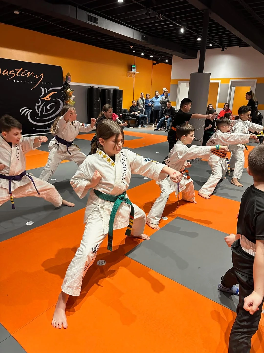 karate class in horse stance karate class in horse stance